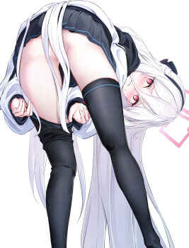 1girl @_@ absurdres adjusting_clothes adjusting_legwear bent_over black_hairband black_skirt black_thighhighs blue_archive blush convenient_hair double-parted_bangs embarrassed feet_out_of_frame from_behind hair_between_eyes hair_over_crotch hairband halo highres jacket kei_(blue_archive) kei_(new_body)_(blue_archive) loli long_hair long_hair_between_eyes looking_at_viewer maruabcm multicolored_jacket no_panties pink_halo pleated_skirt rectangular_halo red_eyes simple_background skirt solo sweat thighhighs two-tone_jacket very_long_hair white_background white_hair white_jacket