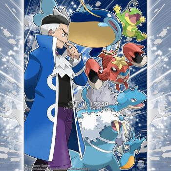 Rule 34 | 1boy, arm behind back, arms up, artist name, ascot, black hair, black shirt, blue jacket, blue lips, brown eyes, closed mouth, commentary, company name, copyright notice, crawdaunt, dive ball, english commentary, facial hair, from side, gen 1 pokemon, gen 2 pokemon, gen 3 pokemon, holding, holding poke ball, instagram username, jacket, juan (pokemon), kingdra, lapras, long sleeves, male focus, merchandise available, mustache, nintendo, nostrils, official style, open mouth, outline, pants, pencil mustache, poke ball, pokemon, pokemon (creature), pokemon emerald, pokemon rse, politoed, purple pants, shirt, short hair, smile, tom higgins, tusks, walrein, watermark, whiscash, white ascot, white hair, white outline, yellow eyes