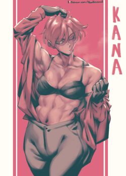 1girl arm_up bra breasts commentary english_commentary english_text freckles gloves highres medium_breasts muscular muscular_female navel noodlenood one_eye_closed original pants partially_undressed patreon_username red_hair scratching_head shirt shirt_partially_removed short_hair simple_background solo steaming_body stomach sweat underwear