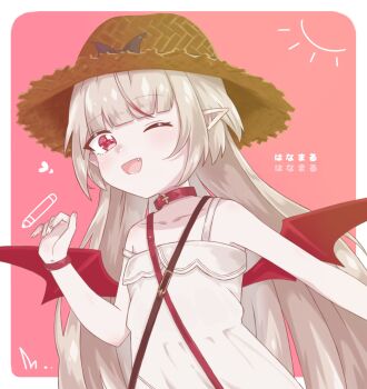 1girl ;d bare_shoulders belt_collar black_bow black_straps blunt_bangs blush border bow bracelet collar collarbone demon_wings dress fang grey_hair hair_down hand_up hat hat_bow heart heart-shaped_pupils highres inukai723 jewelry long_hair looking_at_viewer makaino_ririmu makaino_ririmu_(3rd_costume) multicolored_hair nijisanji one_eye_closed open_mouth outside_border pink_background pointy_ears red_collar red_eyes red_straps red_streaks red_wings shoulder_strap sidelocks sleeveless sleeveless_dress smile solo standing straight_hair strap_slip straw_hat streaked_hair sundress symbol-shaped_pupils two-tone_hair upper_body virtual_youtuber white_border white_dress wings