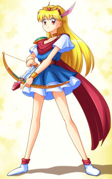 Rule 34 | 1girl, akazukin chacha, arrow (projectile), belt, blonde hair, blue dress, bow (weapon), bracer, brown belt, brown eyes, closed mouth, commentary request, dress, full body, glint, gold choker, hair ornament, hairband, highres, holding, holding arrow, holding bow (weapon), holding weapon, jewelry, legs apart, long hair, looking at viewer, magical girl, magical princess, mimimix, red hairband, red scarf, ring, scarf, shoes, short sleeves, single shoulder pad, smile, solo, standing, very long hair, weapon, white dress, white shoes, wing hair ornament