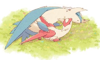 claws closed_eyes commentary_request dragon flower gen_3_pokemon grass highres latias latios legendary_pokemon lying nintendo no_humans parted_lips pokemon pokemon_(creature) pokemon_focus sana_(sanaa653) wings