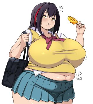 1girl bag belly black_hair blue_skirt bow bowtie breasts chewing corn_dog eating fat fat_woman food food_in_mouth food_on_face highres holding holding_food huge_breasts medium_hair midriff midriff_peek miniskirt muffin_top multicolored_hair navel original red_bow red_hair school_bag school_uniform shirt shoulder_bag skirt solo standing streaked_hair sweater_vest thick_thighs thighs usagirin white_background white_shirt yellow_eyes yellow_sweater_vest