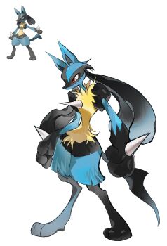 1other animal_ears animal_hands bairizuomeng black_fur blue_fur body_fur commentary english_commentary full_body furry gen_4_pokemon highres looking_to_the_side lucario multicolored_fur nintendo pokemon pokemon_(creature) red_eyes reference_inset simple_background snout solo spikes standing white_background wolf_ears yellow_fur
