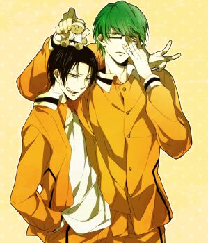 2boys 99kuku adjusting_eyewear arm_around_shoulder bandaged_fingers bandages black-framed_eyewear black_hair buttons closed_mouth collared_jacket commentary_request glasses green_eyes green_hair hand_in_pocket height_difference jacket kuroko_no_basuke looking_at_viewer male_focus midorima_shintarou multiple_boys open_clothes open_jacket orange_jacket orange_pants pants rectangular_eyewear shirt short_hair stuffed_animal stuffed_toy takao_kazunari teeth v white_shirt