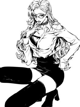 1girl bra breasts choker cigarette cleavage full_body glasses greyscale hand_up high_heels highres holding holding_cigarette large_breasts long_hair long_sleeves looking_at_viewer monochrome original parted_hair shoes simple_background solo teeniika thighhighs underwear white_background