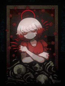 1girl alleesaur animated animated_gif black_background blooming closed_mouth closing_eyes colored_skin commentary crossed_arms english_commentary extra_eyes flower grey_skin looking_to_the_side medium_hair opening_eyes original red_hair red_shirt shirt skeleton solo upper_body white_eyes white_hair