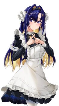 1girl :&lt; absurdres apron asymmetrical_bangs black_dress black_hairband blonde_hair blue_eyes blue_hair colored_inner_hair cowboy_shot dress frilled_apron frills furrowed_brow hair_intakes hair_ornament hairband hands_up highres juliet_sleeves kipdrew long_hair long_sleeves looking_to_the_side multicolored_hair pantyhose puffy_sleeves reverse:1999 school_uniform short_dress solo soviet_school_uniform star_(symbol) star_hair_ornament starry_sky_print voyager_(reverse:1999) white_apron white_background white_pantyhose x_fingers