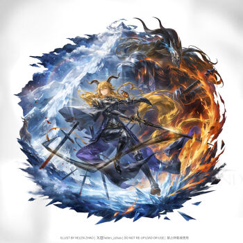 1girl animal_ears arknights armor artist_name black_gloves blonde_hair breastplate breasts brown_horns cape closed_mouth cloud commentary degenbrecher_(arknights) english_commentary fire gloves goat_ears goat_girl goat_horns hair_between_eyes helen_zzhao high_heels highres holding holding_sword holding_weapon horns ice large_breasts long_hair looking_at_viewer mask masked mountain planted planted_sword planted_weapon sheath shoulder_armor solo sparkle sword weapon white_background yellow_eyes