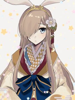 1girl animal_ears aomattya blue_bow blue_eyes bow brown_hair closed_mouth fake_animal_ears flower hair_flower hair_ornament hair_over_one_eye hairband highres japanese_clothes kimono long_hair long_sleeves looking_at_viewer rabbit_ears sash simple_background solo star_(symbol) star_symbol_background straight-on tales_of_(series) tales_of_the_abyss tear_grants upper_body white_flower