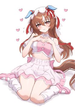 1girl animal_ears beatsheavens0735 blush bow breasts brown_hair closed_mouth clothing_cutout cropped_shirt detached_collar ear_covers ear_ribbon four-finger_heart_hands hair_between_eyes hair_ornament heart heart_hands highres horse_ears horse_girl horse_tail layered_skirt long_hair looking_at_viewer loose_socks meni_shuki_rush-sshu! midriff pink_shirt pink_shoes pink_skirt pink_socks red_eyes shirt shoes shoulder_cutout simple_background sitting skirt small_breasts smile socks solo still_in_love_(umamusume) tail umamusume veil wariza white_background white_streaks white_veil