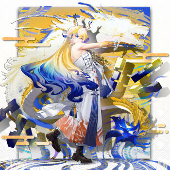 1girl absurdres ankle_boots arknights arm_up armpits bare_arms bare_shoulders bead_bracelet beads blonde_hair blue_eyes blue_hair blue_skin boots bracelet breasts brown_boots closed_mouth colored_skin commentary_request dragon dragon_girl dragon_horns dragon_tail earrings egasumi floating floating_object from_side full_body gaanc_23_(tomosuge) gradient_hair grey_hair hair_intakes highres horns jacket jewelry leg_up long_hair looking_at_viewer looking_to_the_side medium_breasts multicolored_hair multicolored_skin necklace open_clothes open_jacket pants pointy_ears shu_(arknights) solo standing standing_on_one_leg strapless tail tassel tassel_earrings very_long_hair white_hair white_jacket white_pants yellow_skin