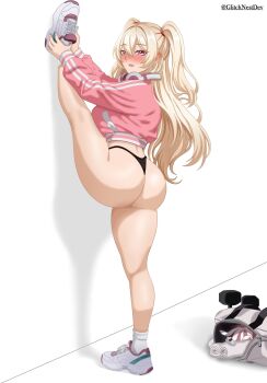 1girl ass bag black_panties blonde_hair blush breasts clay_(nikke) glitchnest goddess_of_victory:_nikke headphones headphones_around_neck jacket long_hair long_sleeves looking_at_viewer no_pants open_mouth panties pink_jacket red_eyes shoes solo split standing standing_on_one_leg standing_split thong twintails underwear white_background white_shoes