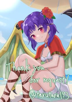 1girl bikini bikini_skirt blue_eyes blush breasts closed_mouth commission dragon_girl dragon_wings fire_emblem fire_emblem:_the_sacred_stones fire_emblem_heroes flower gladiator_sandals green_wings hair_flower hair_ornament highres long_hair looking_at_viewer multi-tied_hair myrrh_(fire_emblem) navel nintendo purple_hair red_eyes sandals sitting skeb_commission small_breasts smile solo stomach swimsuit tarutaru193 twintails white_bikini wings