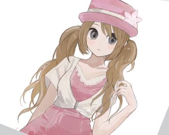 1girl alternate_costume alternate_hairstyle brown_hair closed_mouth commentary dress flower grey_eyes hand_up hat hat_flower long_hair nintendo pink_dress pink_flower pink_hat pokemon pokemon_xy serena_(pokemon) short_sleeves simple_background solo twintails tyou08665851 white_background