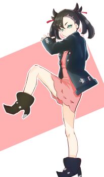 Rule 34 | 1girl, absurdres, asymmetrical bangs, black hair, black jacket, commentary request, dress, earrings, full body, green eyes, hair ribbon, highres, jacket, jewelry, kawashow, looking at viewer, marnie (pokemon), nintendo, pink dress, pokemon, pokemon swsh, red ribbon, ribbon, solo, standing, standing on one leg, throwing, twintails, undercut
