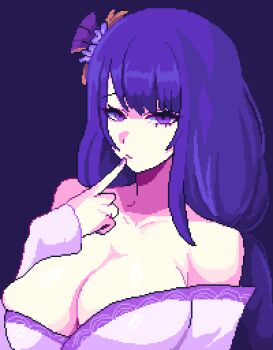 1girl bare_shoulders breasts cleavage closed_mouth commentary finger_to_mouth fingernails genshin_impact hair_ornament hand_up hashtag-only_commentary highres japanese_clothes kimono large_breasts long_hair long_sleeves looking_at_viewer parted_bangs pixel_art pixelcadete purple_background purple_eyes purple_hair purple_kimono purple_nails raiden_shogun simple_background solo upper_body