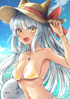 Rule 34 | 1girl, bikini, blue sky, bow, breasts, brown hat, chest jewel, collarbone, commentary request, fang, grey hair, hat, hat bow, highres, long hair, looking at viewer, navel, nia (xenoblade), open mouth, red bow, skin fang, sky, small breasts, smile, sofusan1526, solo, sun hat, swimsuit, upper body, xenoblade chronicles (series), xenoblade chronicles 2, yellow bikini, yellow eyes