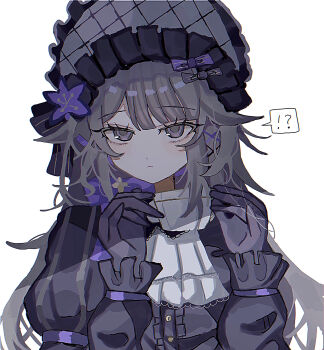 Rule 34 | !?, 1girl, absurdres, alternate costume, ascot, black bonnet, black dress, black gloves, bonnet, bow, brown hair, commentary request, cup, dress, flower, frilled sleeves, frills, gloves, hands up, hat, herta (honkai: star rail), highres, holding, holding cup, honkai: star rail, honkai (series), light frown, long hair, purple eyes, purple flower, sayu (r12 34), simple background, solo, speech bubble, spoken interrobang, teacup, the herta (honkai: star rail), the herta (tea break) (honkai: star rail), white ascot, white background