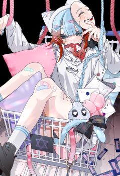 1boy absurdres animal_ears bandaid bandaid_on_knee bandaid_on_leg black_background blood blue_hair blue_nails blue_rope blunt_bangs braid candy candy_bar cat_boy cat_ears cat_tail cuts fish food gradient_background grey_eyes hair_ornament hairclip heart heart-shaped_pupils highres hood hoodie in_shopping_cart injury letter light_blue_hair light_particles long_hair mask mask_on_head multicolored_hair nail_art nail_polish original pink_rope red_hair rope self-harm shiozaki_ise shopping_cart single_braid sitting solo symbol-shaped_pupils tail thigh_cutting trap two-tone_hair white_hoodie yami_kawaii