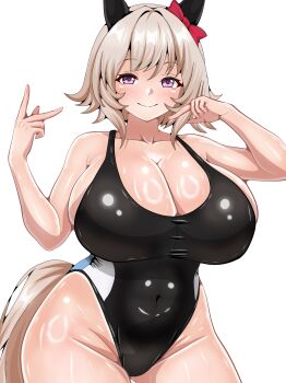 1girl a-sui absurdres alternate_breast_size_(larger) animal_ears black_one-piece_swimsuit blonde_hair blush bow breasts choppy_bangs cleavage closed_mouth collarbone commentary_request cowboy_shot curren_chan_(umamusume) ear_bow ear_covers groin hands_up highres horse_ears horse_girl horse_tail huge_breasts looking_at_viewer one-piece_swimsuit purple_eyes red_bow shiny_skin short_hair simple_background smile solo swimsuit tail umamusume white_background