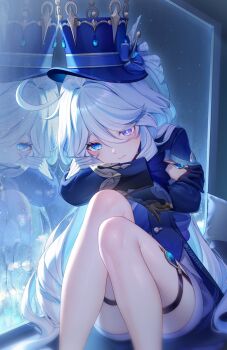1girl blue_eyes blue_hair blue_hat blue_jacket commentary_request curled_up duplicate feet_out_of_frame furina_(genshin_impact) genshin_impact gloves hat image_sample jacket knees_up lightria long_hair looking_at_viewer multicolored_hair pensive reflection self_hug sitting solo streaked_hair thigh_strap thighs top_hat twitter_sample very_long_hair water_drop white_hair