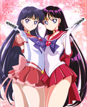 Rule 34 | 2girls, ass, back bow, bare legs, bishoujo senshi sailor moon, bishoujo senshi sailor moon crystal, black hair, blue eyes, bow, breasts, brooch, choker, circlet, closed mouth, dual persona, earrings, elbow gloves, gloves, hand up, heart, heart brooch, highres, hino rei, holding, holding ofuda, jewelry, long hair, looking at viewer, magical girl, medium breasts, miniskirt, multiple girls, naughty face, neck, necklace, ofuda, pirochi, pleated skirt, puffy short sleeves, puffy sleeves, purple bow, purple eyes, purple hair, red bow, red choker, red skirt, sailor mars, sailor senshi, sailor senshi uniform, see-through clothes, see-through sleeves, short sleeves, skirt, smile, standing, star (symbol), star choker, star earrings, star necklace, straight hair, super sailor mars, super sailor mars (stars), thighs, very long hair, white gloves