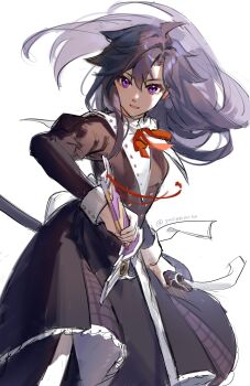 1girl absurdres artist_name black_dress blue_hair commentary_request dress eiyuu_densetsu floating_hair genderswap genderswap_(mtf) guimpe hair_between_eyes highres holding holding_sheath holding_sword holding_weapon long_hair long_sleeves looking_at_viewer open_mouth purple_eyes rean_schwarzer red_ribbon ribbon school_uniform sen_no_kiseki_(series) sheath simple_background solo st._astraia's_school_uniform sword twitter_username weapon white_background yusaazusa