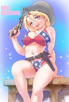 1girl arm_support belt bikini black_belt blonde_hair blue_eyes breasts character_name confederate_flag_bikini cowboy_hat cowgirl_(western) feet_out_of_frame flag_print flag_print_bikini gun hair_between_eyes hat holding holding_gun holding_weapon holster large_breasts looking_at_viewer navel open_mouth original print_bikini rose_gardener sitting solo swimsuit weapon yabataso