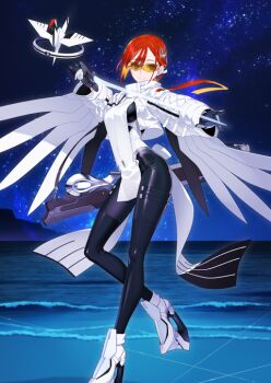 1girl black_gloves black_leggings blue_background boots breasts closed_mouth cropped_jacket crossed_ankles fate/grand_order fate_(series) floating_hair game_cg gloves hair_ornament high_collar high_heel_boots high_heels holding holding_sword holding_weapon jacket jeunesse_crane_(fate) jeunesse_crane_(third_ascension)_(fate) leg_up leggings long_hair long_sleeves looking_at_viewer low_ponytail medium_breasts miss_crane_(fate) night night_sky official_art orange-tinted_eyewear origami outdoors paper_crane pelvic_curtain ponytail red_hair semi-rimless_eyewear shaka_p sky smile solo star_(sky) sunglasses sword third-party_source tinted_eyewear weapon weapon_bag white_boots white_jacket