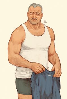Rule 34 | 1boy, aaron gruber (o natsuo88), bara, beard stubble, boxers, chest hair, closed eyes, facial hair, green male underwear, grey hair, highres, holding pants, male focus, male underwear, mature male, muscular, muscular male, mustache, o natsuo88, original, pants, short hair, simple background, sleeveless, sparse arm hair, sparse leg hair, stubble, sweatpants, tank top, underwear, unworn pants, white tank top