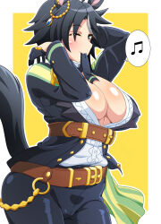Rule 34 | 1girl, ahoge, animal ears, arms up, belt, black hair, black jacket, black necktie, black pants, blue eyes, breasts, brown belt, center frills, cleavage, collared shirt, commentary request, cowboy shot, ear ornament, ear piercing, frilled shirt, frills, fuji kiseki (umamusume), gloves, hair between eyes, highres, horse ears, horse girl, horse tail, jacket, kani club, large breasts, long sleeves, looking at viewer, mouth hold, multicolored hair, musical note, necktie, one eye closed, open clothes, open jacket, pants, piercing, shirt, shirt tucked in, short hair, sidelocks, smile, solo, spoken musical note, standing, streaked hair, tail, umamusume, underbust, white hair, white shirt, yellow background