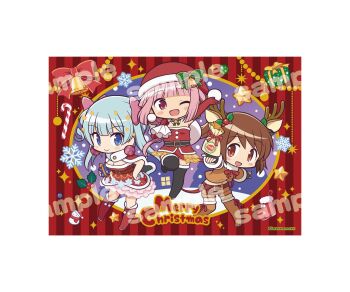 3girls alternate_costume animal_costume animal_ears anime_coloring antlers arm_up armlet artist_name bare_shoulders bell belt belt_buckle black_belt black_boots black_gloves black_thighhighs blue_hair blunt_bangs blush_stickers boots border bow bowtie braid breasts brown_belt brown_boots brown_hair brown_shirt brown_shorts buckle buttons carrying_over_shoulder chibi christmas cleavage deer_ears dress elbow_gloves fake_animal_ears fake_antlers fingerless_gloves footwear_bow frilled_dress frilled_skirt frills fur-trimmed_boots fur-trimmed_dress fur-trimmed_headwear fur-trimmed_thighhighs fur_scarf fur_trim gecchu gift gloves gold_buckle green_bow hair_bell hair_bow hair_ornament hand_on_own_hip happy hat highres holding holding_gift holding_sack holly_hair_ornament horns house jewelry knee_boots large_breasts leaning_forward leg_up long_hair long_sleeves low_ponytail magia_record:_mahou_shoujo_madoka_magica_gaiden mahou_shoujo_madoka_magica merry_christmas microskirt midriff minami_rena miniskirt multiple_girls navel night official_style one_eye_closed open_mouth orange_eyes outdoors outstretched_arms pink_bow pink_eyes pink_hair pink_skirt pom_pom_(clothes) ponytail print_dress red_background red_bow red_bowtie red_dress red_gloves red_hat red_skirt reindeer_antlers reindeer_costume sack sample_watermark santa_hat scarf shirt short_dress shorts side_ponytail sidelocks skirt skirt_set skirt_under_dress smile snowflake_print snowing star_(symbol) star_hair_ornament strapless strapless_dress striped_background tamaki_iroha tareme thigh_boots thighhighs tree twin_braids vertical-striped_background very_long_hair watermark white_border white_scarf winter yui_tsuruno