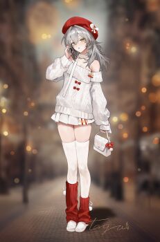 1girl absurdres alternate_costume bag bare_shoulders beret blurry blurry_background breasts cellphone cleavage commentary full_body grey_hair hair_between_eyes hand_up hat highres holding holding_bag holding_phone honkai:_star_rail honkai_(series) leg_warmers long_hair long_sleeves looking_at_viewer parted_lips phone red_hat red_leg_warmers shoes signature skirt smartphone solo standing stelle_(honkai:_star_rail) sweater thighhighs toria_(toriaa_27) trailblazer_(honkai:_star_rail) white_bag white_shoes white_skirt white_thighhighs yellow_eyes zettai_ryouiki