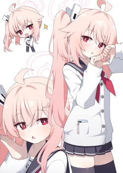 1girl absurdres black_thighhighs blue_archive commentary_request grey_sailor_collar grey_skirt hagoonha halo highres natsu_(blue_archive) neckerchief pink_hair pink_halo red_eyes red_neckerchief sailor_collar school_uniform serafuku shirt side_ponytail simple_background skirt thighhighs thighs white_background white_shirt