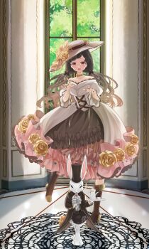 1girl absurdres animal black_bow boots bow brown_boots brown_dress brown_eyes brown_hair carpet choker clothed_animal commentary_request day dress dress_flower flower frilled_dress frills full_body gold_buckle hair_bow happy hat hat_feather hat_flower high_heel_boots high_heels highres indoors juliet_sleeves layered_dress long_sleeves looking_at_viewer low_twintails neck_flower nikki_(series) off-shoulder_dress off_shoulder open_mouth puffy_sleeves puppet_strings rabbit rose saramaganekoko shining_nikki shoe_belt smile solo standing stylist_(nikki) sun_hat tree twintails white_dress white_hat window yellow_choker yellow_flower yellow_rose