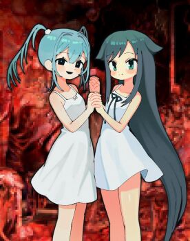 2girls bare_arms bare_shoulders batrobin_k black_eyes black_hair black_ribbon blue_hair blush closed_mouth commentary_request crossover dress feet_out_of_frame green_eyes green_hair hair_flaps hatsune_miku highres holding_hands interlocked_fingers long_hair looking_at_viewer multiple_girls open_mouth ribbon saya_(saya_no_uta) saya_no_uta sidelocks sleeveless sleeveless_dress smile standing stuckmoth_(vocaloid) sundress twintails very_long_hair white_dress