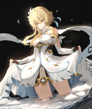 1girl absurdres ahoge artist_name bare_shoulders black_background black_gloves blonde_hair breasts cleavage commentary detached_sleeves dress dutch_angle feather_hair_ornament feathers fingerless_gloves flower genshin_impact gloves hair_between_eyes hair_ornament highres ku-ini long_hair looking_at_viewer lumine_(genshin_impact) medium_breasts parted_lips ribbon solo thighs wading water white_dress white_sleeves