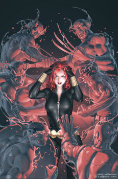 1girl 6+boys aiming armor arrow_(projectile) avengers_(series) black_bodysuit black_gloves black_widow blue_eyes bodysuit bow_(weapon) bucky_barnes captain_america captain_america_(series) claw_(weapon) clenched_teeth clint_barton comic_cover commentary cowl daredevil domino_mask english_commentary eye_mask frustrated gloves grey_background hands_in_own_hair hawkeye_(marvel) highres holding holding_bow_(weapon) holding_shield holding_weapon instagram_logo instagram_username iron_man iron_man_(series) liquid marvel mask matt_murdock multiple_boys muscular muscular_male natasha_romanoff official_art open_mouth power_armor prosthesis prosthetic_arm red_hair shield signature steve_rogers superhero_costume teeth textless_version tony_stark weapon western_comics_(style) winter_soldier wolverine_(x-men) x-men yoon_junggeun