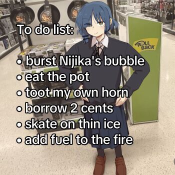 Rule 34 | 1girl, absurdres, black pantyhose, black ribbon, black skirt, black sweater, blue hair, bocchi the rock!, brown shoes, collared shirt, commentary, english commentary, english text, green eyes, hair ornament, hairclip, hands on own hips, highres, long sleeves, looking at viewer, machuuu68, medium hair, mole, mole under eye, neck ribbon, pantyhose, pleated skirt, puffy long sleeves, puffy sleeves, real world location, ribbon, shirt, shoes, skirt, smile, sweater, undershirt, white shirt, yamada ryo