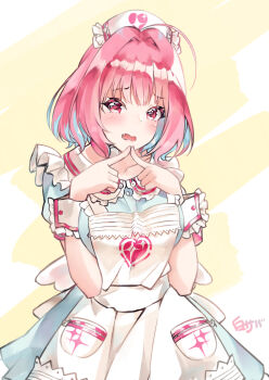 Rule 34 | 1girl, absurdres, ahoge, apron, blue dress, blue hair, blush, breasts, breasts squeezed together, collarbone, colored eyelashes, commentary request, cowboy shot, dress, fang, fidgeting, frills, hair intakes, hat, heart, heart print, highres, idolmaster, idolmaster cinderella girls, index fingers together, large breasts, looking at viewer, multicolored hair, nurse cap, open mouth, pink eyes, pink hair, revision, shirosaba, short sleeves, solo, two-tone hair, wavy mouth, white apron, wrist cuffs, yellow background, yumemi riamu