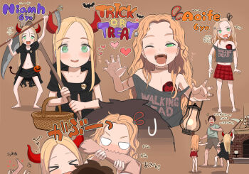 1boy 2girls aoife_campbell_(masuda_(yousaytwosin)) basket biting black_skirt blonde_hair blush brown_background character_name claw_pose demon_horns demon_tail drooling fangs father_and_daughter fireplace flat_chest full_body green_eyes halloween halloween_costume heart highres holding holding_scythe hood hood_down horns lantern loli long_hair looking_at_viewer masuda_(yousaytwosin) multiple_girls navel off-shoulder_shirt off_shoulder one_eye_closed open_mouth original parted_hair plaid_clothes plaid_skirt scissors_hair_ornament scythe shirt short_sleeves simple_background skirt smile standing tail teeth the_walking_dead trick_or_treat uvula