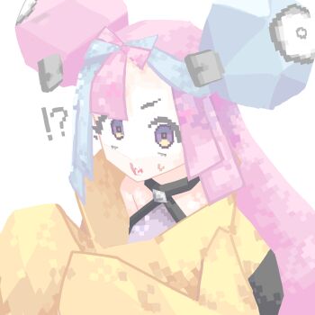 !? 1girl absurdres coat faux_retro_artstyle highres iono_(pokemon) long_hair low_poly mocamocaink multicolored_hair nintendo pokemon pokemon_sv purple_eyes sharp_teeth teeth two-tone_hair yellow_coat