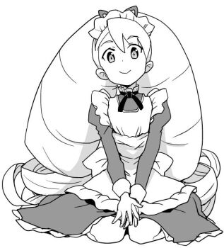 1girl apron commentary_request dress drill_hair greyscale heriyama long_hair looking_at_viewer luna_platz_(mega_man) maid maid_apron maid_headdress mega_man_(series) mega_man_star_force_(series) monochrome simple_background sitting smile twin_drills very_long_hair white_apron white_background