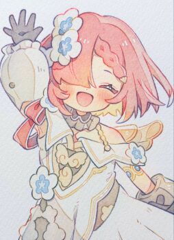 1girl :d arm_at_side arm_up bare_shoulders black_gloves blunt_bangs braid braided_bangs closed_eyes commentary detached_sleeves dress facing_viewer flower frilled_sleeves frills gloves hair_flower hair_ornament hair_over_one_eye highres honkai:_star_rail honkai_(series) long_sleeves nasuke open_mouth painting_(medium) red_hair short_hair simple_background smile solo traditional_media trianne_(honkai:_star_rail) watercolor_(medium) white_background white_dress white_flower