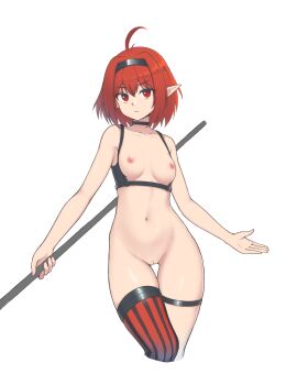 1girl absurdres ahoge asymmetrical_legwear black_choker black_hairband breastless_clothes breasts choker cleft_of_venus commentary_request cowboy_shot dungeon_and_fighter female_mage_(dungeon_and_fighter) hairband highres holding holding_staff korean_commentary lhlh light_frown looking_at_viewer medium_breasts nipples nude pointy_ears pussy red_eyes red_hair solo staff standing thigh_gap thighhighs white_background