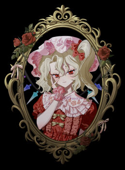 1girl black_background blonde_hair bow carbonara_hontyotyo commentary dress fingernails flandre_scarlet flower hair_between_eyes hair_bow hand_on_own_cheek hand_on_own_face hat long_hair looking_at_viewer mob_cap parted_lips picture_frame pink_hat plant puffy_short_sleeves puffy_sleeves red_bow red_dress red_eyes red_flower red_nails red_rose rose sharp_fingernails short_sleeves slit_pupils smile solo symbol-only_commentary thorns touhou twitter_username upper_body vines wings wrist_cuffs