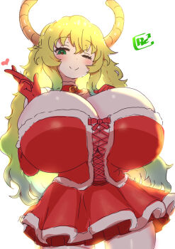 blonde_hair blush breasts christmas cleavage dragon_girl dragon_horns gigantic_breasts gloves gradient_hair green_eyes green_hair horns huge_breasts kobayashi-san_chi_no_maidragon long_hair looking_at_viewer lucoa_(maidragon) multicolored_hair one_eye_closed reiwa_rerere skirt smile very_long_hair wink