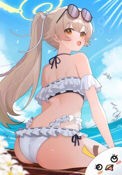 1girl :d absurdres ass bare_shoulders bikini blue_archive blue_sky cloud commentary cumulonimbus_cloud day eyewear_on_head frilled_bikini frills halo halterneck hifumi_(blue_archive) hifumi_(swimsuit)_(blue_archive) highleg highleg_bikini highres long_hair looking_at_viewer median_furrow multi-strapped_bikini_bottom navel ocean official_alternate_costume open_mouth outdoors peroro_(blue_archive) ponytail round_eyewear shoulder_blades shusuchii side-tie_bikini_bottom sitting sky smile solo sunglasses swimsuit symbol-only_commentary white_bikini yellow_eyes yellow_halo