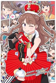 1girl ;) arched_crown asymmetrical_gloves bare_shoulders black_gloves black_thighhighs bow-shaped_hair breasts brown_hair collage_background commentary_request cowboy_shot crown dress elbow_gloves fujishima_megumi garter_straps gloves heart_crown highres kanzaki_gou large_breasts link!_like!_love_live! looking_at_viewer love_live! mismatched_gloves mismatched_thighhighs multiple_views official_alternate_costume one_eye_closed pinstripe_dress pinstripe_pattern purple_eyes red_crown red_dress red_gloves single_elbow_glove sleeveless sleeveless_dress smile thighhighs two_side_up uneven_gloves virtual_youtuber zenhoi_kyun